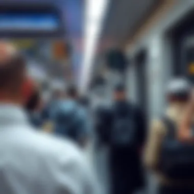 Commuters using the metro system with digital schedules in view