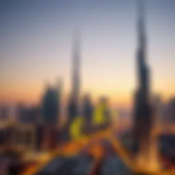 Dubai skyline with currency symbols