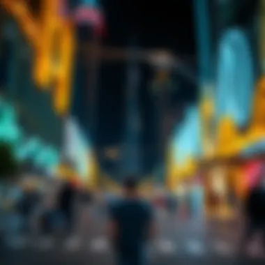 Vibrant nightlife scene with illuminated buildings and lively atmosphere in Dubai