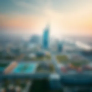 Aerial view of the Sharjah skyline with برج النور prominently featured