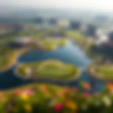 Aerial view of a beautifully designed golf course with water features