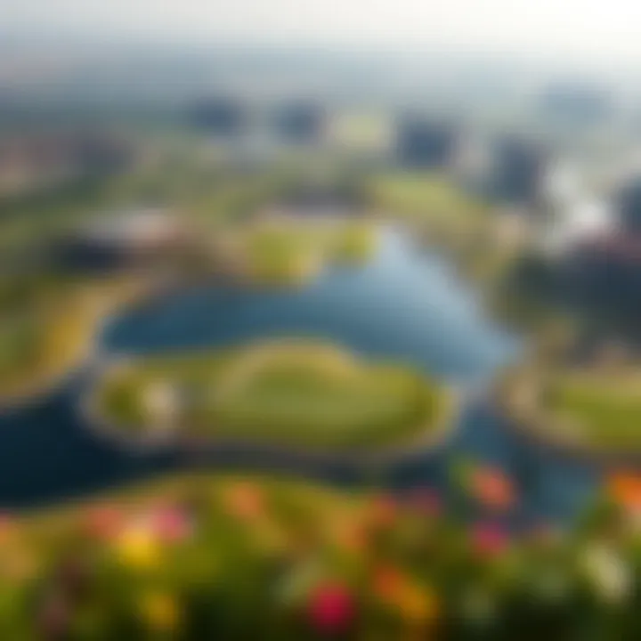 Aerial view of a beautifully designed golf course with water features