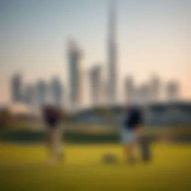 Golfers enjoying a game under the Dubai skyline