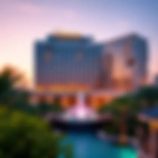 Stunning view of The Address Fountain Views Hotel at dusk