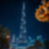 A stunning view of the Burj Khalifa at night, radiating romance with its dazzling lights