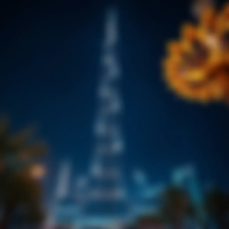 A stunning view of the Burj Khalifa at night, radiating romance with its dazzling lights