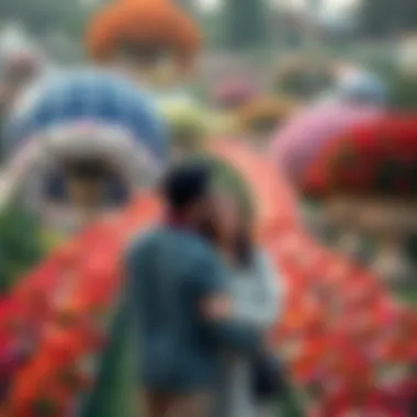 Exploring Dubai Miracle Garden A couple exploring the lush landscapes of Dubai Miracle Garden, surrounded by vibrant flowers