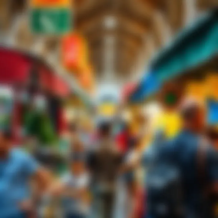 A bustling public market scene filled with colorful stalls and lively interactions.