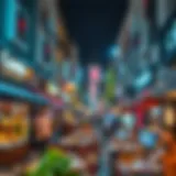 A panoramic view of a bustling street lined with diverse restaurants showcasing a variety of cuisines in Karama, Dubai.