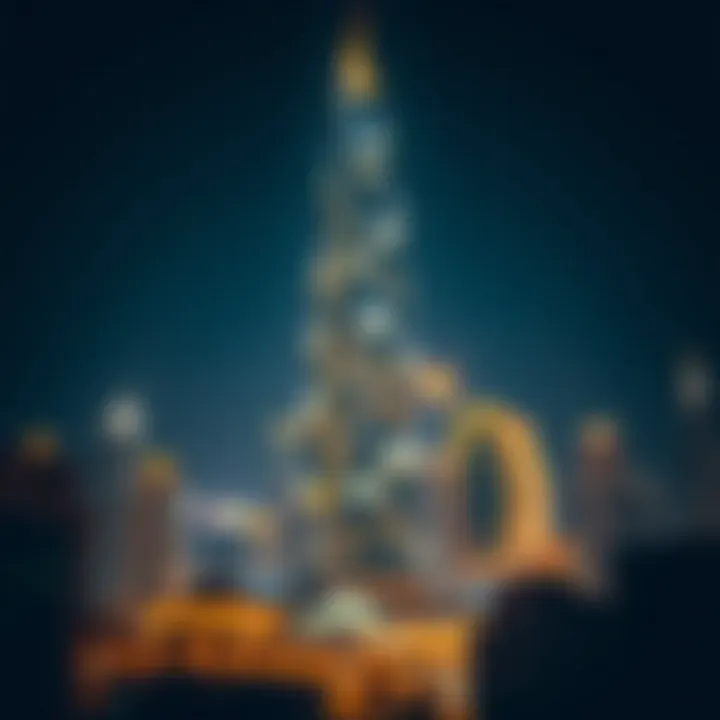 Night view of Latifa Tower brilliantly illuminated against the Dubai skyline