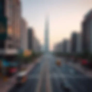 Panoramic perspective of Sheikh Zayed Road with Latifa Tower as a focal point