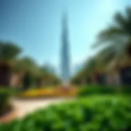 A panoramic view of the Burj Khalifa surrounded by gardens