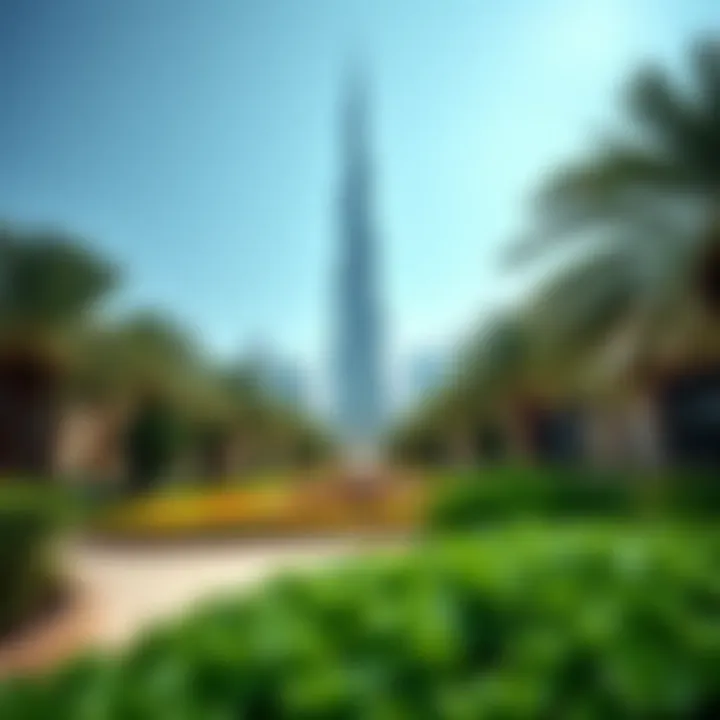 Burj Khalifa: A Centerpiece of Recreation A panoramic view of the Burj Khalifa surrounded by gardens