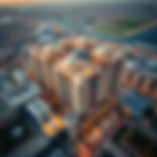 An aerial view of Thumam Building showcasing its unique architectural design