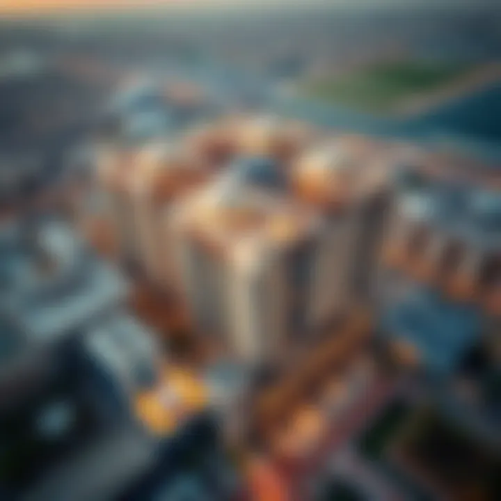 An aerial view of Thumam Building showcasing its unique architectural design