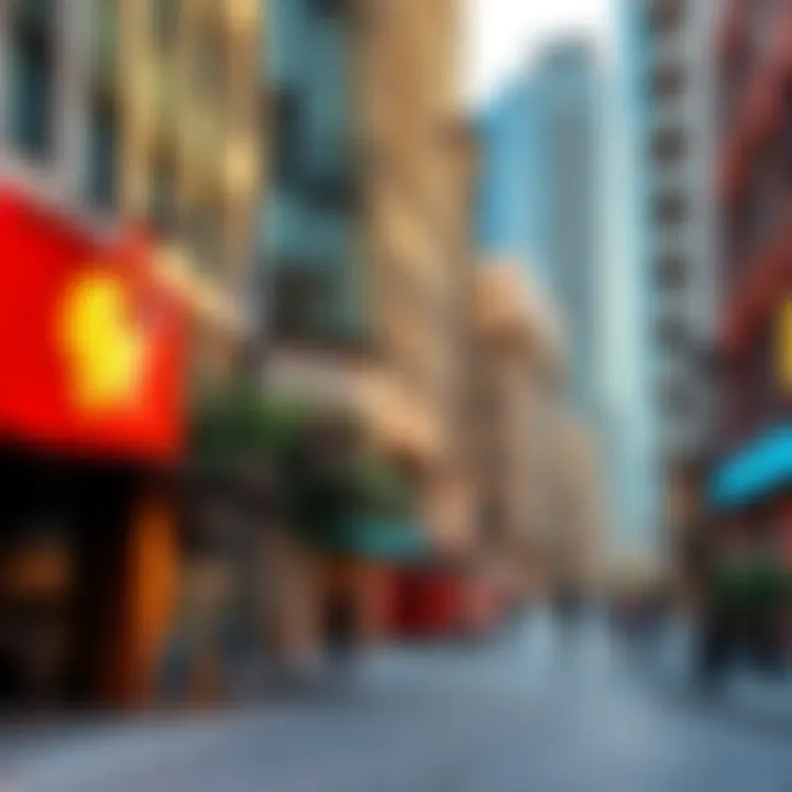 A vibrant street scene showcasing the architectural diversity of Downtown Dubai