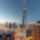 A panoramic view of the iconic Burj Khalifa towering over Downtown Dubai