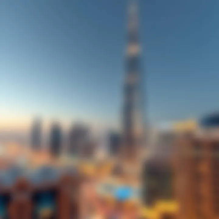 A panoramic view of the iconic Burj Khalifa towering over Downtown Dubai