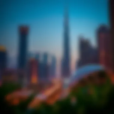 An evening skyline view of Downtown Dubai illuminating the cultural vibrancy