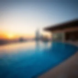 Stunning infinity pool overlooking Dubai skyline at sunset