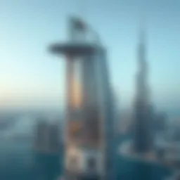 Aerial view of The Palm Tower showcasing its unique design against the Dubai skyline